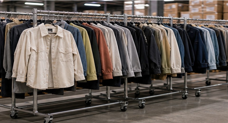 Apparel overstock in a wholesale stockroom
